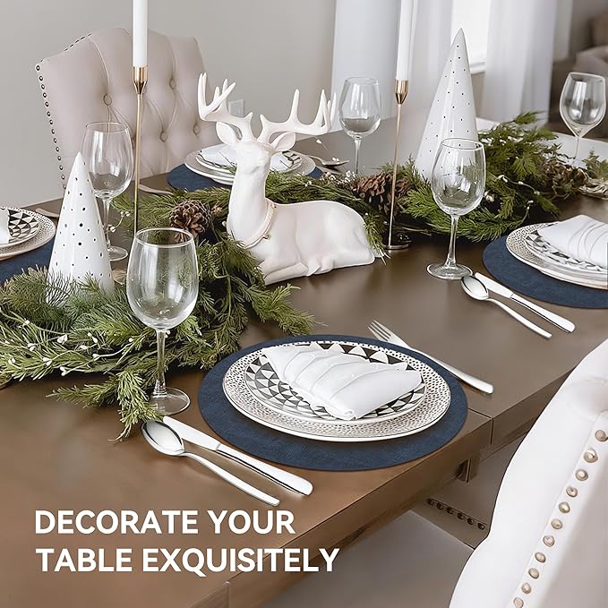 13" Round Placemats Set of 4, Reversible Faux Leather Heat Resistant Table Mats, 100% Waterproof Oilproof Wipeable Table Protective Placemats for Vinyl, Washable for Indoor (4, Navy Blue)