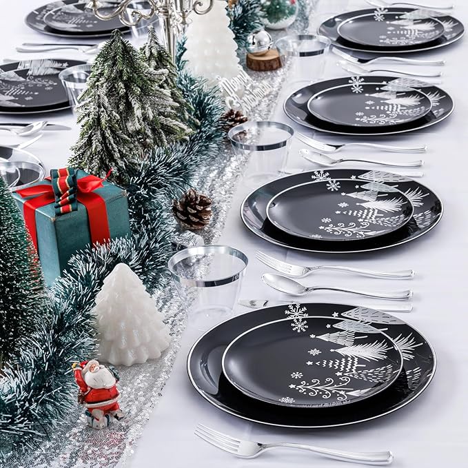KIRE 150PCS Christmas Plates Disposable & Dinnerware Set for 25 Guests - Black & Silver Plates, Plastic Silverware & Cups With Silver Rim for Christmas/New Year