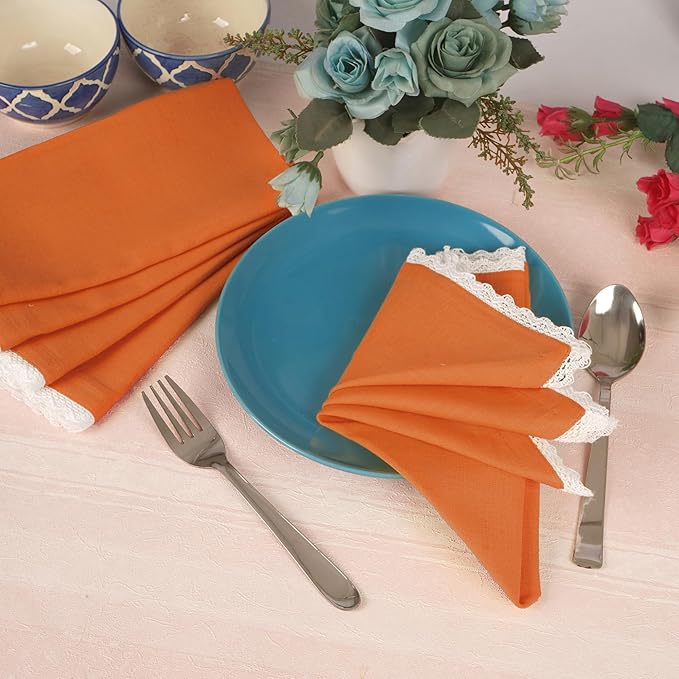 FINGERCRAFT Dinner Cloth Napkin Cotton Linen Blend 4 Pack Mitered Corners with Elegant Lace for Everyday Use Napkins are Pre Shrunk and Good Absorbency Rust