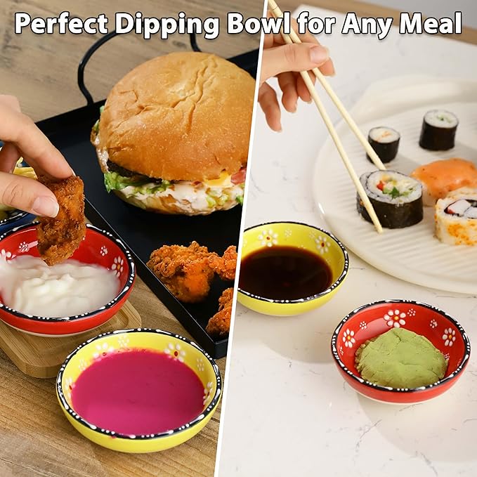 Ceramic Small Dipping Bowls Set of 6, 2.5 Oz Soy Sauce Dish, Handmade Charcuterie, Colorful Pinch, Dishwasher & Microwave Safe Sauce, Mini Bowls