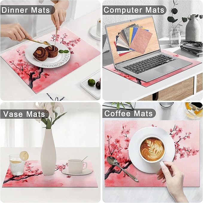 Japanese Cherry Blossom Placemats Set of 4, Pink Sakura Floral Place Mats, Flower Waterproof Washable Table Mats for Home Party Indoor Kitchen Dining Table Decoration 12x18 Inch