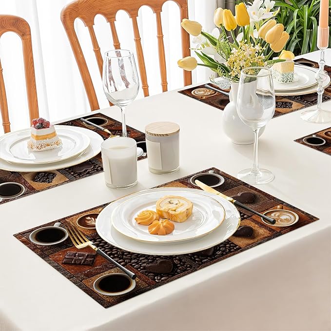 Coffee Placemats Set of 6, Cafe Table Mats, Washable Place Mats for Coffee Bar Home Party Indoor Kitchen Dining Table Decoration 12x18 Inch