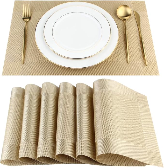 DACHUI Placemats Set of 6, Stylish Woven Place Mats for Dining Table, Washable & Durable PVC Table Mats (Gold)