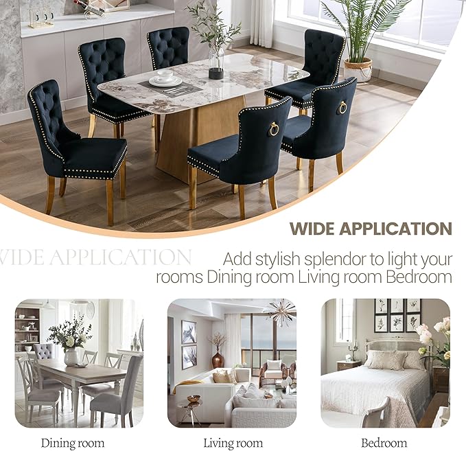 KCC Velvet Dining Chairs Set of 4, Upholstered High-end Tufted Dining Chair with Nailhead Back Ring Pull Trim Stainless Steel Legs, Contemporary Nikki Collection Modern Style for Kitchen, Black