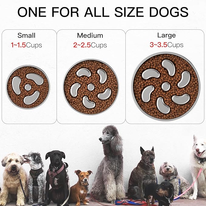 Slow Feeder Dog Bowl-2Cups for Medium Breeds, Double Wall Food-Grade Stainless Steel, Heavy Duty with Non-Slip Rubber Base, Puzzle Maze Bowl to Slow Down Eating