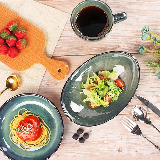 Ceramic Serving Platters Set of 4, 12.1 Inch Curved Oval Salad Plates for Entertaining, Modern Kitchen Dishes, Trays for Dinner, Fruit, Salad, Pasta, burgers - Dishwasher Microwave Safe