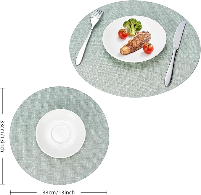 Round Wipeable Placemats Set of 6 – Faux Leather Round Table Mats, Waterproof & Washable Vinyl Placemats, Circle Design for Dining Table Decor– Sage Green