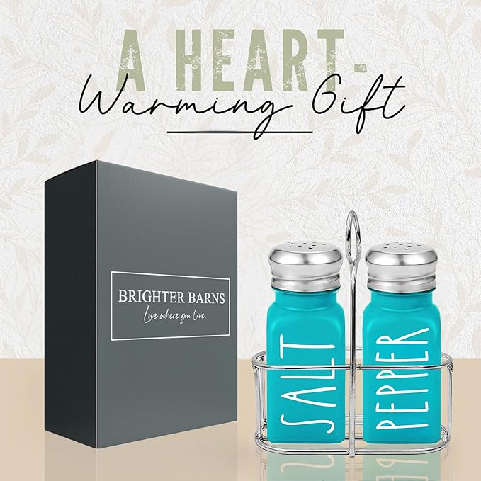 Teal Salt and Pepper Shakers Set with Holder by Brighter Barns - Turquoise Kitchen Decor and Accessories - Cute Salt and Pepper Set with Caddy - Modern Farmhouse Glass Shakers for Dining Table (Teal)
