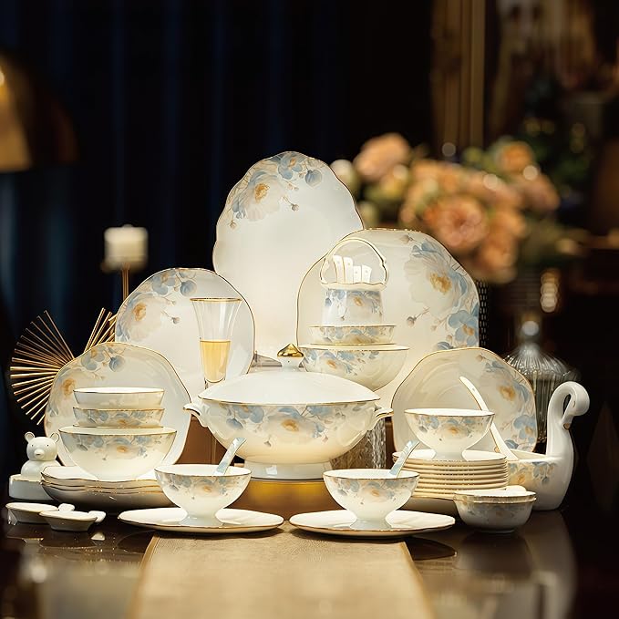 Fine Bone China Dinnerware Set,Porcelain&Ceramic Dinnerware Sets,Bone Stoneware & Ceramic Cookware Tableware Set Includes Dinner Plates|Spoons|Pasta Bowls|Soup Pot|Chopsticks (40 PCS)