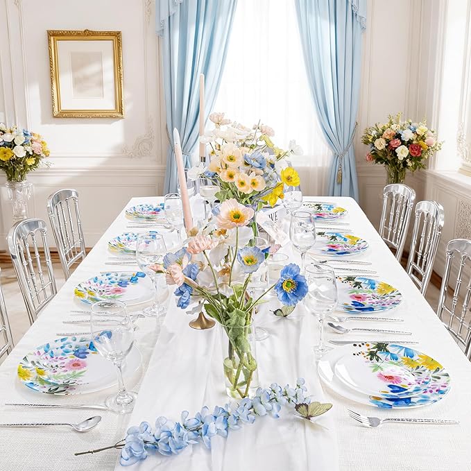 DaYammi 20Pcs Wildflower Plastic Plates-Floral Plastic Plates Disposable Heavy Duty,Fancy Floral Pattern Perfect for Wedding,Holidays - 10.25" Dinner Plate,7.5" Dessert Plate for Party Valentine's Day