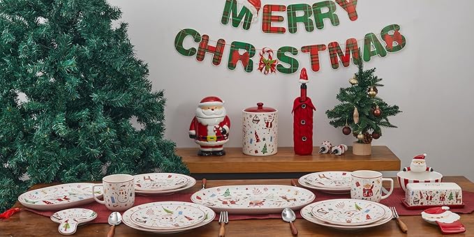 Bico Christmas Merry Crew Salad Plates Set of 4, 8.75 Inch Ceramic Dessert Plates for Salad, Appetizer, Side Dishes, Microwave and Dishwasher Safe, Gift for Housewarming and Christmas