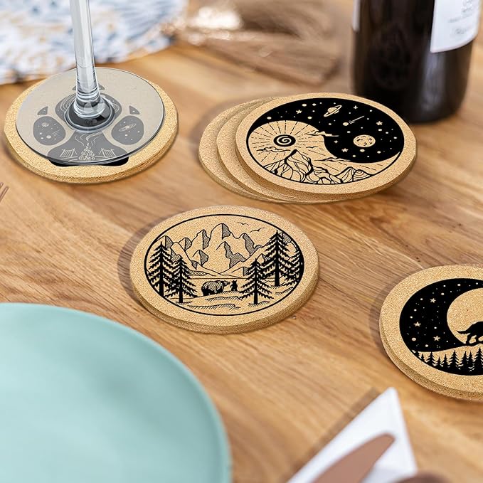 Coasters for Drinks with Holder Set of 6, Mountain Cork Coaster Absorbent Wood for Cup Desk Office Table Kitchen Decor House Warming Gifts for New Home Couples, Round 4"