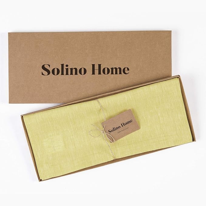 Solino Home Linen Small Table Runner 48 Inches - Athena, 100% Pure Linen Chambray Yellow Table Runner 14 x 48 Inch Ideal for Dresser and Coffee Tables, Spring, Easter