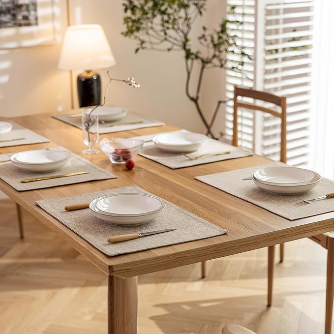 Demetex Linen Placemats Set of 4 Heat Resistant Wipeable Cloth Table Place Mats for Dining Table Indoor Restaurants, 13 x 19 inches, Linen