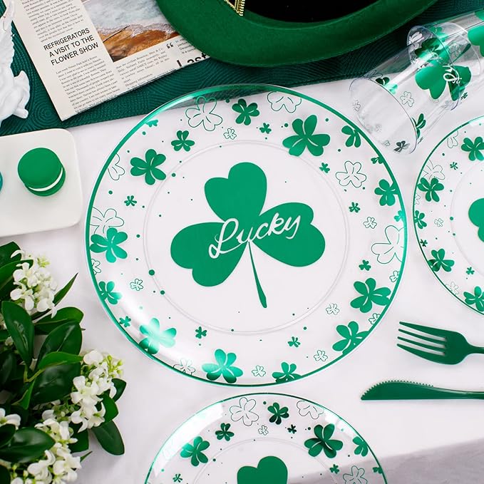 U-QE 60PCS St Patricks Day Plates - Clear and Green Disposable Plates - Premium Hard Green Plastic Plate Including 30 Dinner Plate 10.25'' & 30 Dessert Plate 7.5 '' Perfect for St. Patrick’s Day