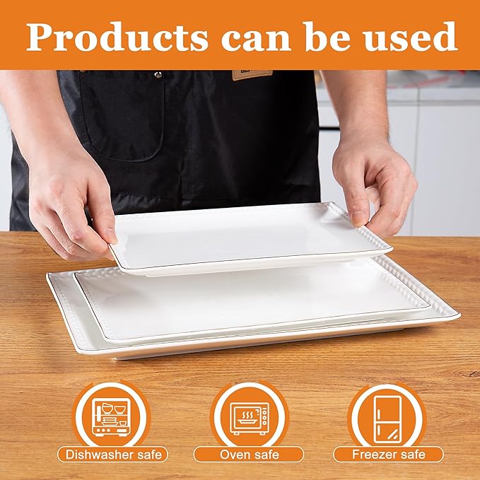Kassel Ceramic Serving Platter Set | 14”/12”/10” Rectangular Serving Trays for Entertaining at Parties and Weddings | Oven Safe Large Serving Trays for Tacos, Steak and Cake