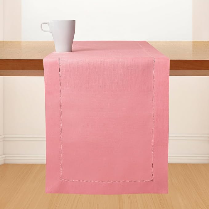D'Moksha Homes Linen Dusty Pink Table Runner 54 Inches - Classic Hemstitch, 100% Pure Linen Coffee Table Runner 14 x 54 Inch Ideal for Dresser Tables, Valentines, Spring, Easter