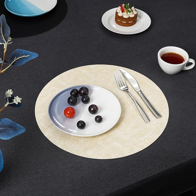 Myir JUN Round Placemats, Dual Sided Faux Leather Place Mats Set of 6 Indoor/Outdoor Non-Slip Washable Table Mats (Cream-White Black, Set of 6)