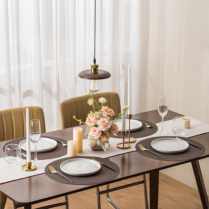 Jovono 15" Faux Leather Big Round Placemats Set of 6 - Washable Heat Resistant Non-Slip Dining Table Mats with Fabric Texture for Kitchen Home Party Decor, Coffee