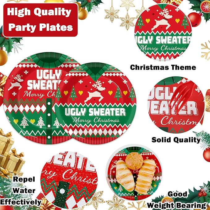 200 Pcs Christmas Ugly Sweater Party Supplies Paper Plates Napkins Xmas Tacky Sweater Tableware Party Decorations Favors for Xmas Birthday Winter Holiday Serves 50