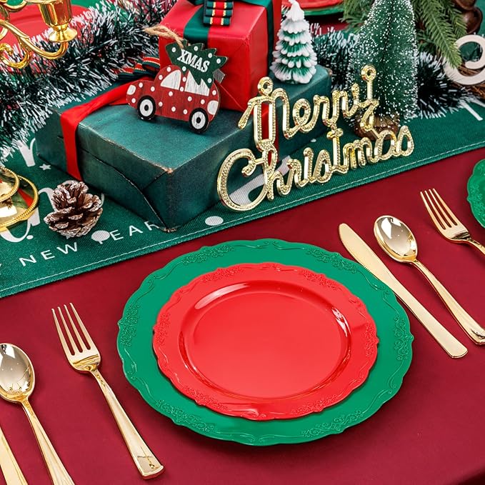 U-QE 100Pcs Christmas Plastic Plates - Green and Red Plate Disposable for Party, Plastic Christmas Plates Disposable Include 50 Red Dessert Plate, 50 Green Dinner Plate Suite for Party