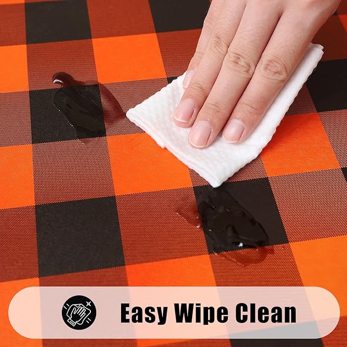 Smiry Rectangle Picnic Table Cloth, Elastic Waterproof Fitted Vinyl Tablecloths, Flannel Backed Buffalo Plaid Table Covers for Dining, Camping, Outdoor (Black and Orange, 30" x 96")