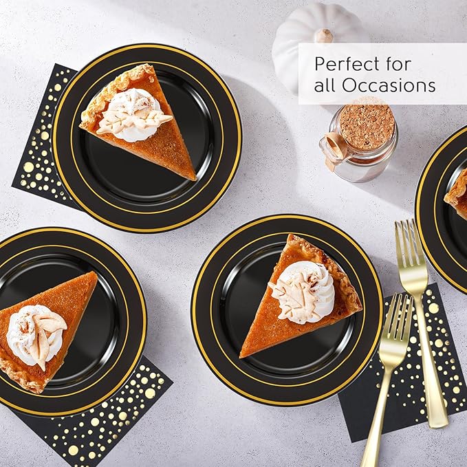 Stylish 7.5 Inch Gold and Black Cake Plates with Disposable Forks and Cocktail Napkins (100 Set of Each) - Small Appetizer Plates, Disposable Cake Plates or Salad Plate - Black Plastic Dessert Plates