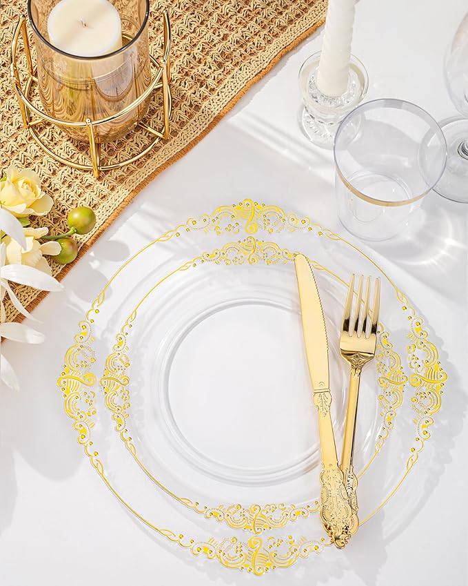 Nervure 100Pcs Clear and Gold Plastic Plates - Heavyweight Gold Disposable Plates - Plastic Plates Include 50Pcs 10.25inch Dinner Plate & 50Pcs 7.5inch Dessert Plate for Wedding & Party & Thanksgiving