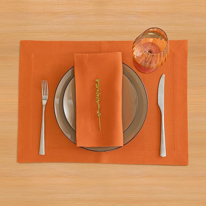 Solino Home Linen Napkins Set of 4-100% Pure Linen Persimmon Orange Dinner Napkins Cloth 20 x 20 Inch for Spring, Easter - Fete, Handcrafted and Machine Washable
