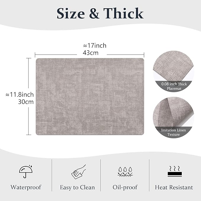 FROMHEART Faux Leather Placemats Set of 12–Waterproof,Heat/Oil Stain-Resistant PU Table Mat–Reversible,Non-Slip,Easy to Clean Place Mats for Kitchen,Dining,Indoor/Outdoor,(Light Grey,11.8" x 17")