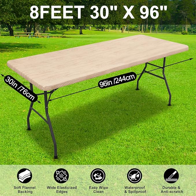 Smiry Rectangle Table Cloth Cover, Waterproof Elastic Fitted Picnic Tablecloth for 8 Foot Tables, Wipeable Flannel Backed Vinyl Tablecloths for Camping, Dining, Outdoor (Beige Wood, 30" x 96")