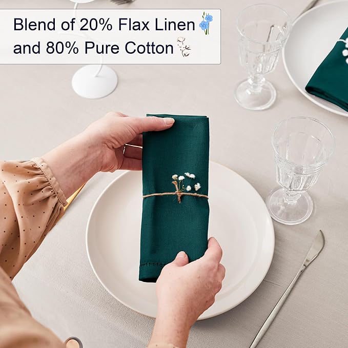 Ruvanti Premium Linen Napkins Set of 12-20x20 Inch, Classic Hemstitch, Mitered Corner Cloth Napkins ‎‎- Soft, Elegant Dinner Napkins Cloth Washable for Weddings, Parties, Everyday Use - Teal