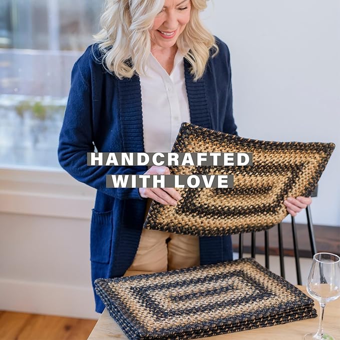 Homespice Kilimanjaro Jute Braided Oval Placemats, Warm Primitive Decor, Set of 6, 13x19 Black and Tan Table Mats - Vibrant Colors, Durable, Easy to Clean and Protects Furniture