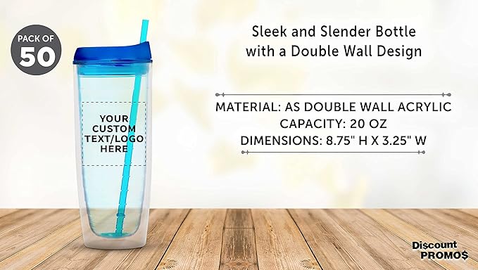 Custom Tall Orbit Acrylic Tumblers 20 oz. Set of 50, Personalized Bulk Pack - Perfect for Iced Coffee, Soda, Other Hot & Cold Beverages - Blue
