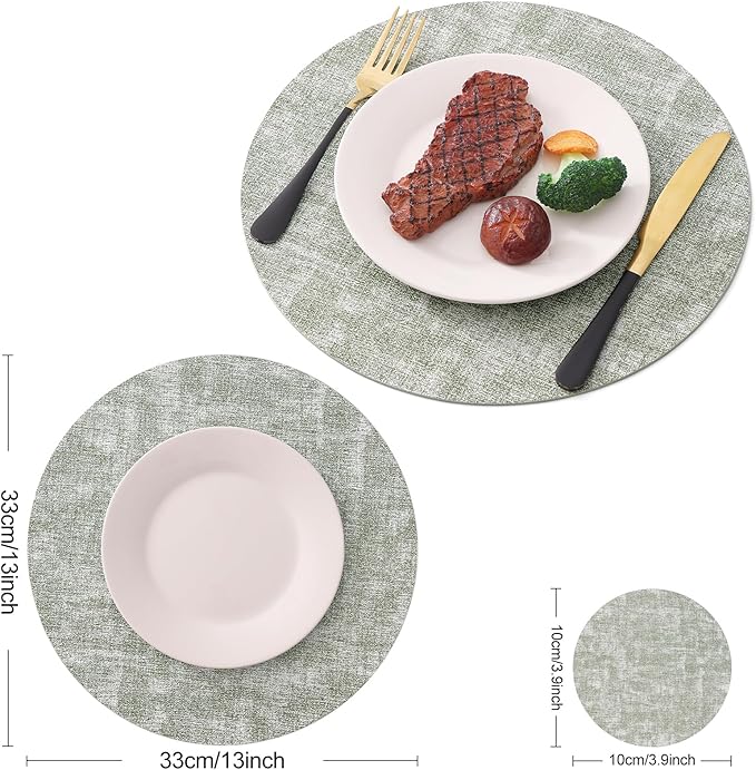 Homaxy Round Faux Leather Placemats and Coasters, Washable Dual-Side Table Mats, Wipeable Heat-Resistant Dining Place Mats for Outdoor and Indoor, Set of 8, Diameter 13 and 3.93 inch, Grass Green
