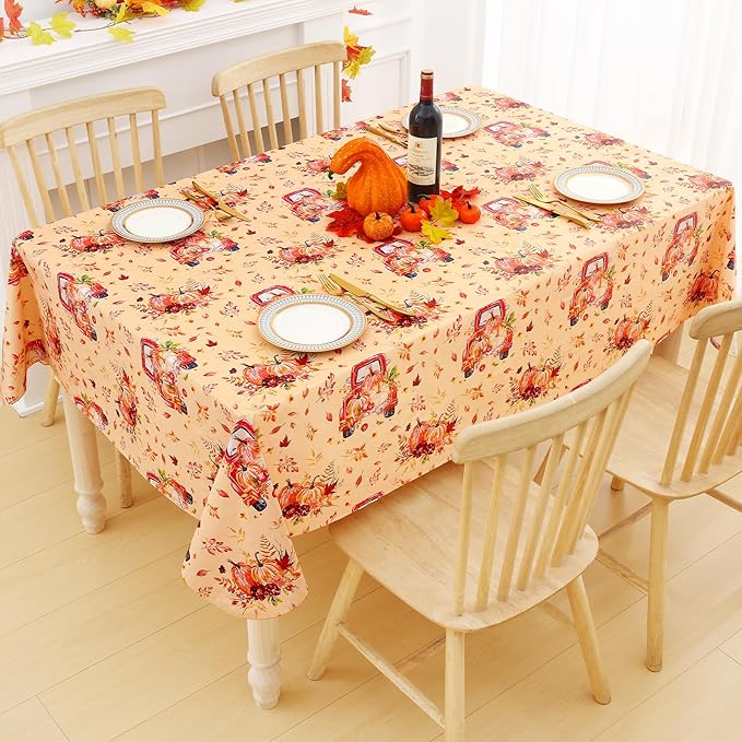Smiry Fall Rectangle Table Cloth, Waterproof Vinyl Tablecloth with Flannel Backing, Wipeable Autumn Pumpkin Truck Plastic Tablecloths for Harvest and Thanksgiving Parties, (60"x140", Yellow)