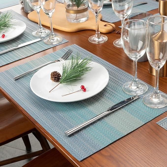 Winknowl Placemats Set of 6, Washable Vinyl Woven Placemats, Heat Resistant & Wipeable Table Mats for Kitchen Dining Table (Blue)