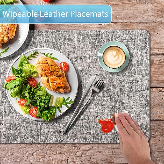 Placemats Set of 12 Washable, Heat Resistant Table Placemats Wipeable Faux Leather Place Mats Non Slip, Waterproof Square Table Mats for Indoor Outdoor, Light Grey