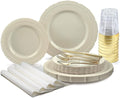 " OCCASIONS " 320pcs set (40 Guests)-Extra Heavyweight Vintage Wedding Disposable/Reusable Plastic Plates 40 x 11'' + 40 x 8.25''+Silverware+Cups+Napkins (Chateau Collection Ivory)