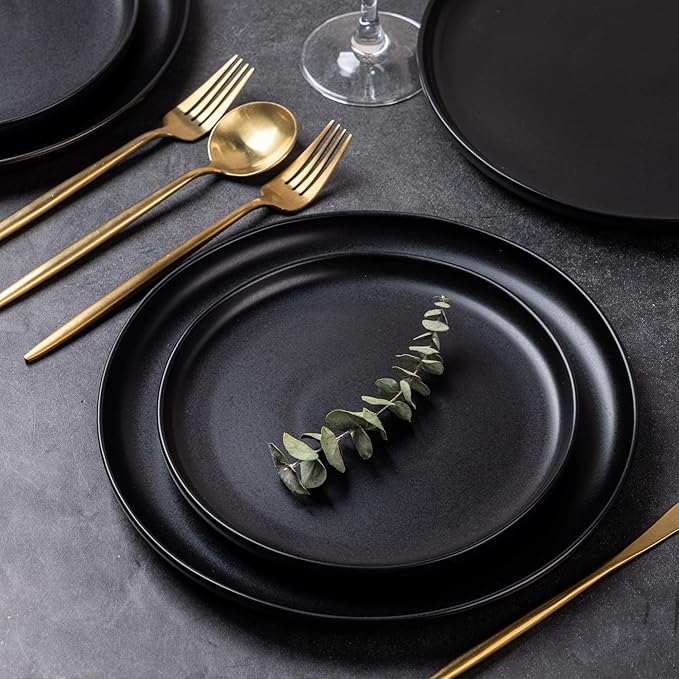 AmorArc Ceramic Dinner Plates Set of 6, Wavy Rim 10.25 Inch Stoneware Dish Set, Dinnerware Plates for Kitchen-Microwave&Dishwasher Safe, Scratch Resistant-Reactive Glaze Matte Black