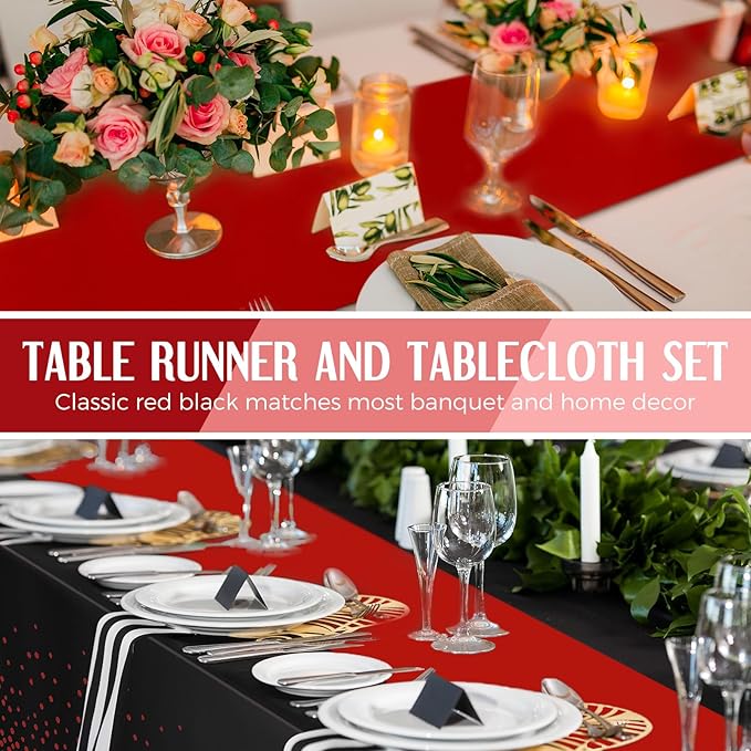 Breling 8 Pack Black and Red Disposable Plastic Tablecloths and Satin Table Runner Set, 54 x 108 Inch Tablecloth, 12 x 108 Inch Table Runners for Wedding Graduation Birthday Baby Shower
