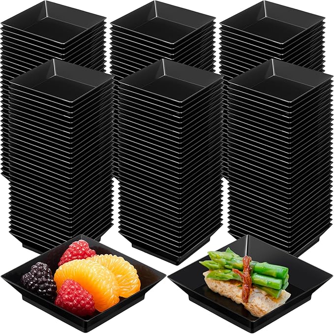 200 Pieces Mini Square Dessert Plates 2.5 x 2.5 Inch Disposable Appetizer Plates Small Clear Plastic Dish for Dessert Salad Appetizer Sauces Tastings Cake Wedding Party Serving (Black)