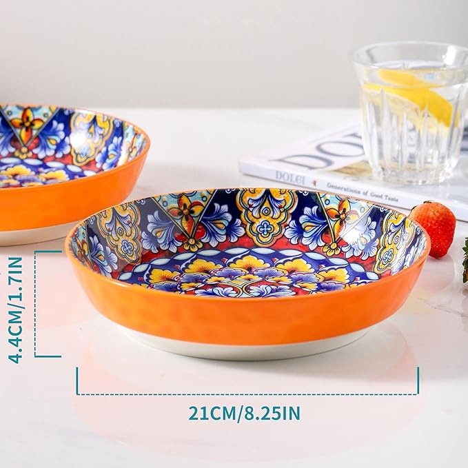 Bohemian Decorative Bowls for Salad, Fruit, 25 oz Pasta and Dinner, Serving Bowls Set for Party, Dishwasher & Microwave Safe (Orange+Red+Blue+Green, 8 Inch)