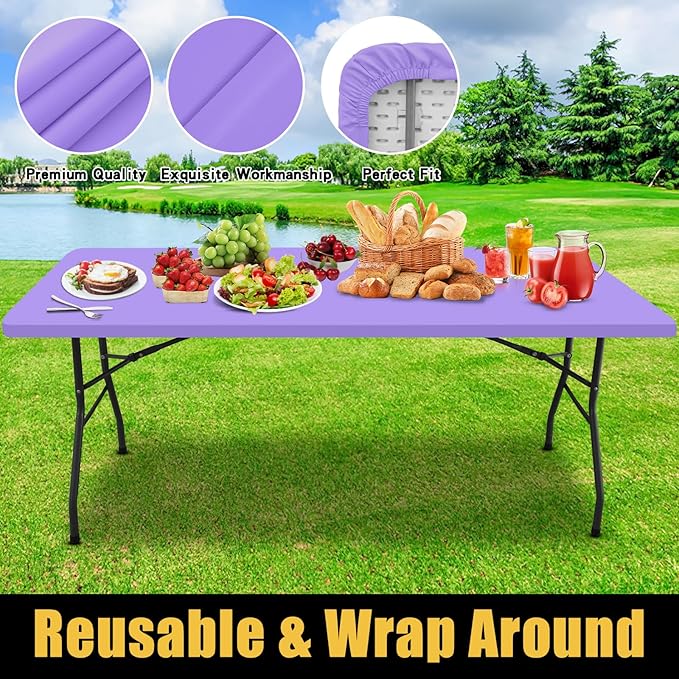 Smiry Rectangle Picnic Table Cloth, Waterproof Elastic Fitted Tablecloths for 4 Foot Tables, Washable Polyester Table Cover for Camping, Indoor and Outdoor (Lavender, 24"x48")