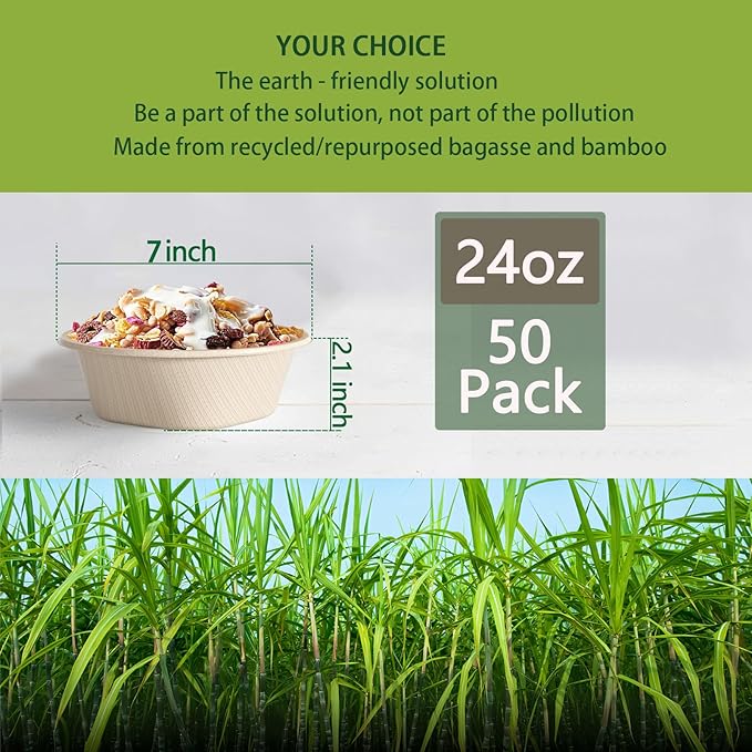 24 Oz Disposable Paper Bowls - Heavy Duty Disposable Bowls - Made from Natural Bagasse - Disposable Bowls for Hot Soup, Salad, Dessert, and More [50 Pack]