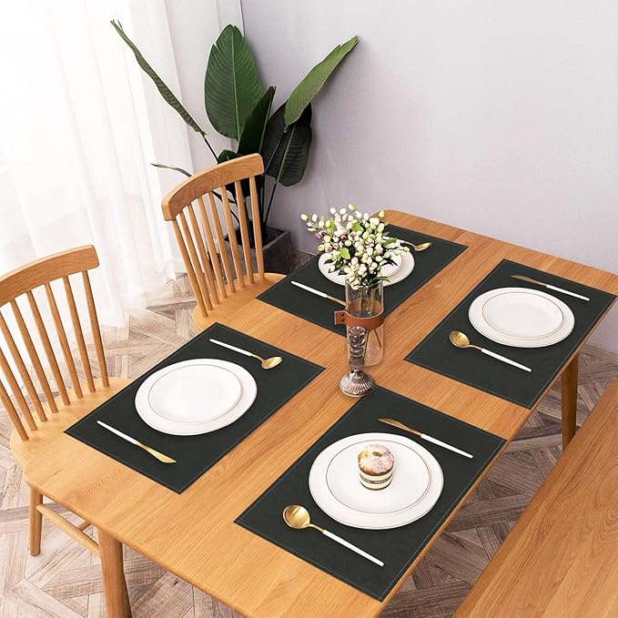 Black Placemats Set of 4 for Dining Table Solid Color Place Mats Washable Rectangular Table Mats for Party Home Kitchen Restaurant Decor 12x18 Inch