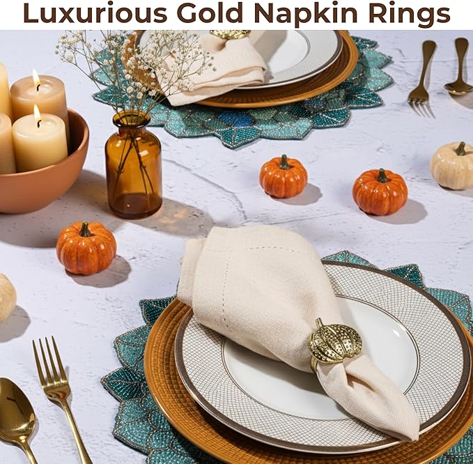 CLEENTABLE Napkin Rings Set of 12 - Pumpkin Elegant Napkin Holders Modern Serviette Buckles Metallic Adornment for Table Settings for Thanksgiving, Fall, Halloween & Holiday (Antique Gold)