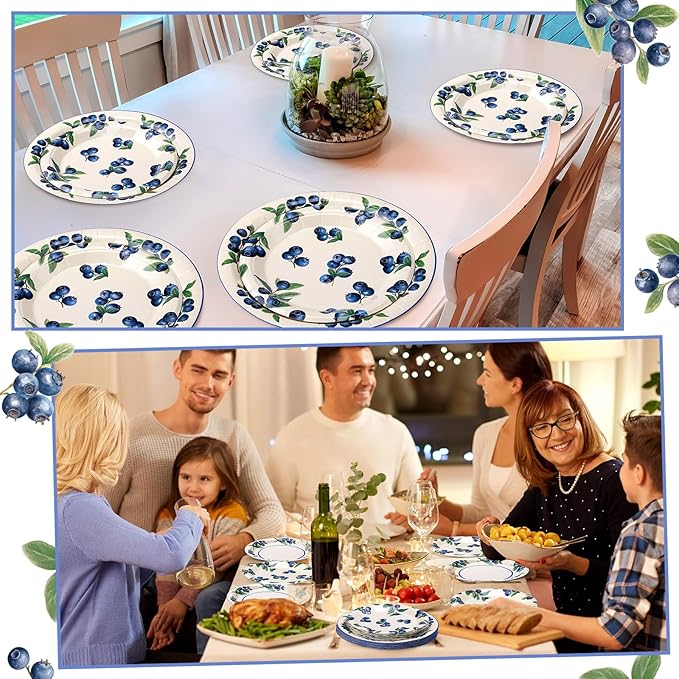 48 Pcs Blueberry Paper Plates Set Baby Shower 9" 7" Summer Watercolor Disposable Plates Decorative Dinner Plates Birthday Party Tableware for Party Supplies Decoration