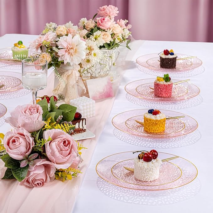 DaYammi 240Pcs Pink Plastic Plates Including 120Pcs Pink Dessert Plates and 120Pcs Gold Plastic Forks,Hammered Party Plate,pink and Gold Appetizer plates Heavy duty Disposable Cake Plate for Party