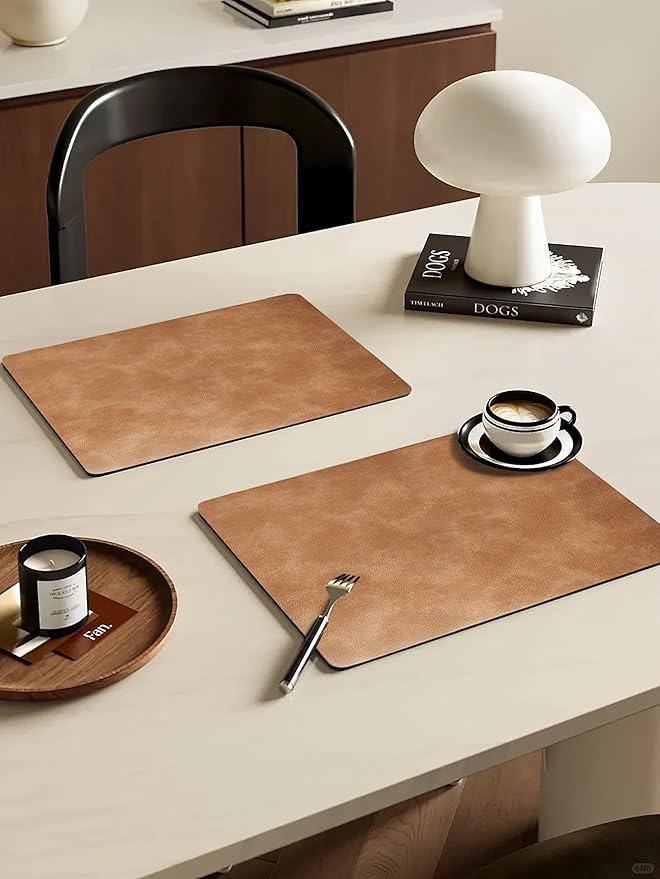 Cowhide Pattern PU Leather Placemats Set of 6 Heat Resistant Kitchen Table Mats, Non-Slip Dining Table Decorations, Double-Sides Waterproof Wipeable Place mats(Camel)